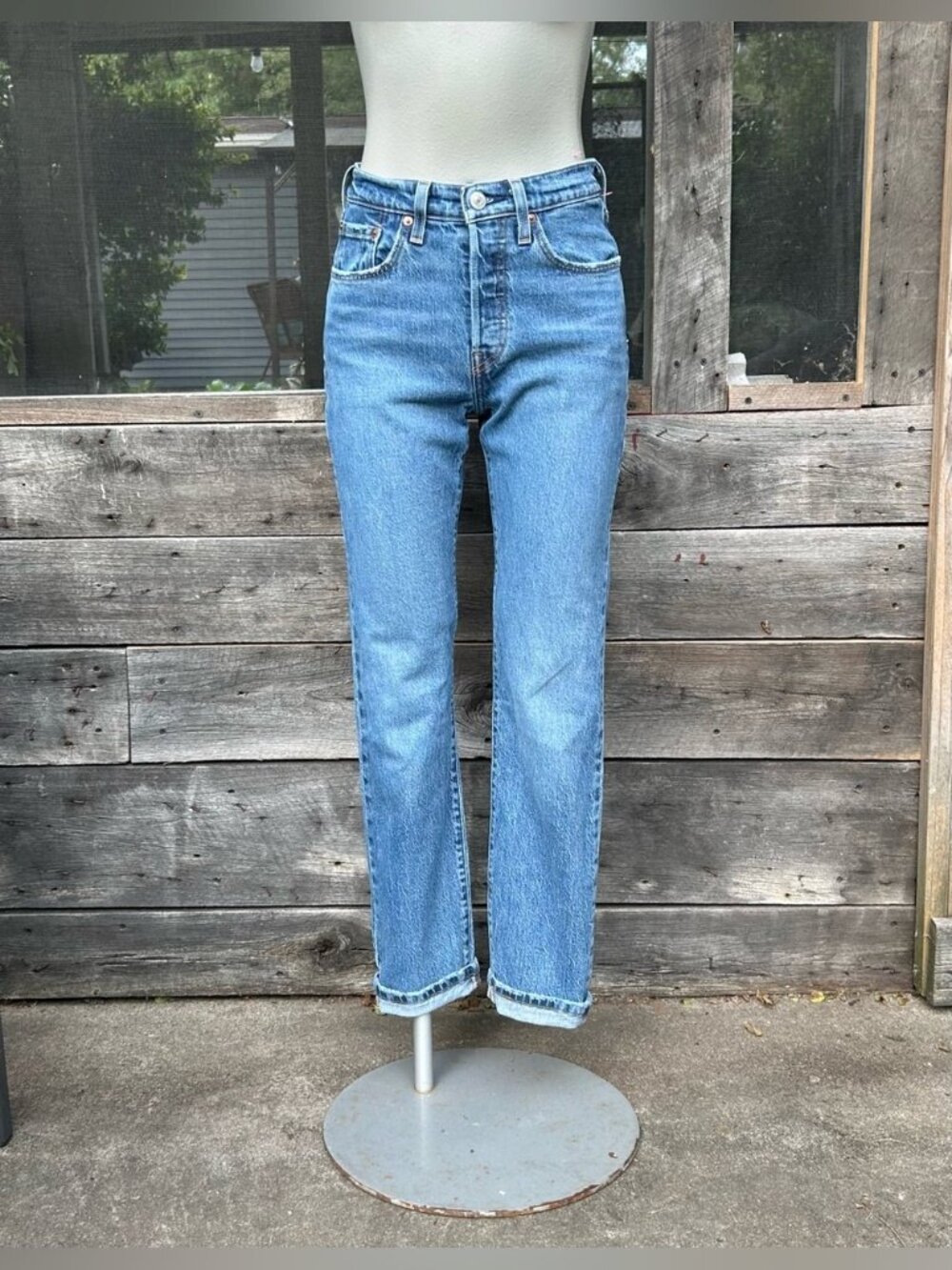 Levis 501 Womens Button Fly Stretch Denim Medium Wash Mid Rise Blue Jeans~24x30~